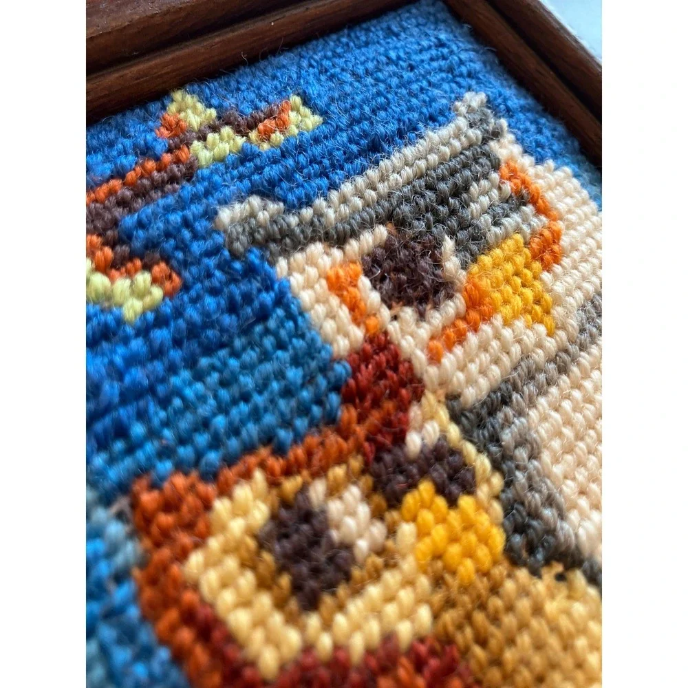 Vintage Framed Needlepoint Cross-Stitch: Two Owls on Branch, 1970s Wall Art